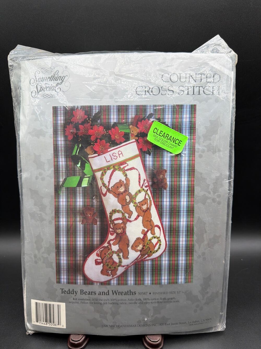 Vintage “Teddy Bears and Wreaths” Cross Stitch Christmas Stocking Kit #50587